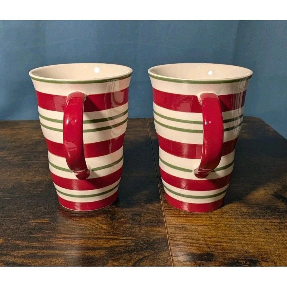 2 Pier 1  Striped Candy Cane Tapered Latte Coffee Mugs Tea Cups Red Green White
